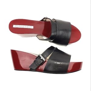 Vera Wang Lavender Label Black Leather Slide Wedges with Red Patent Platform